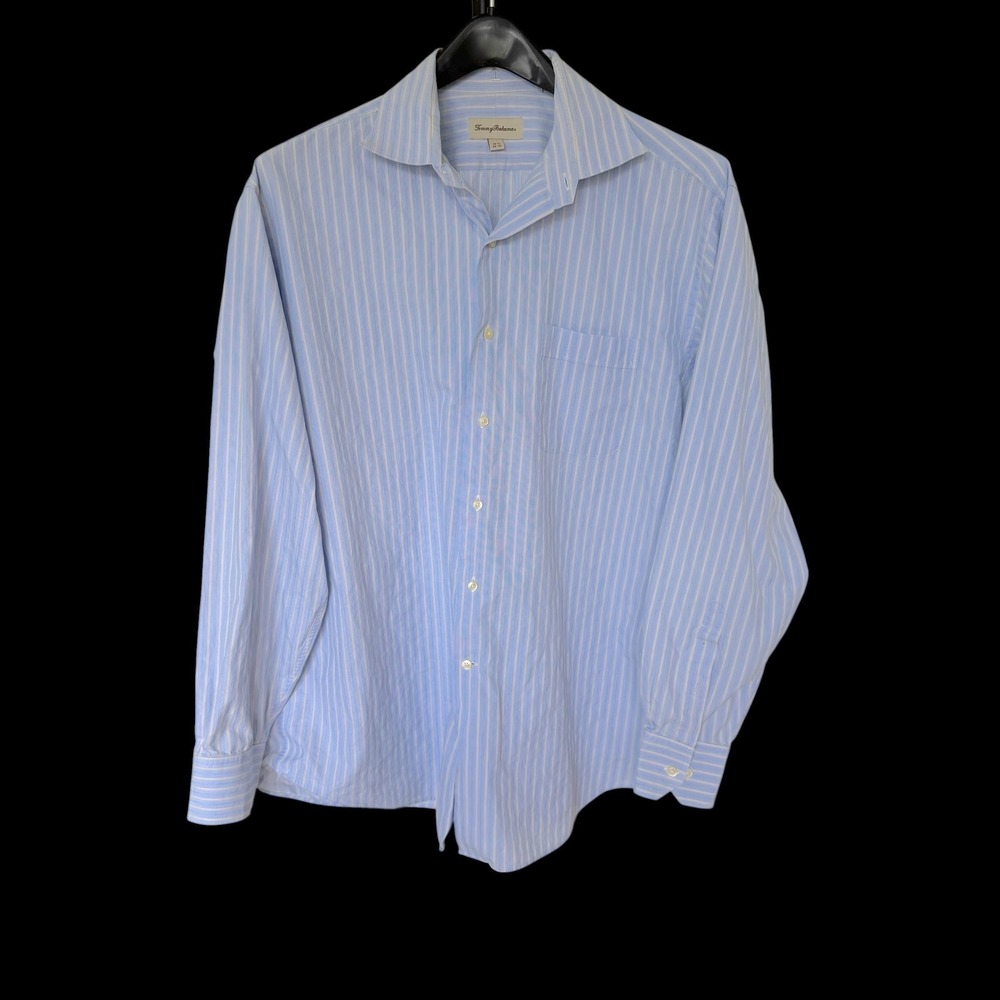 Tommy Bahama Blue White Striped Cotton Button Down Shirt 16.5 34/35 D7D1081